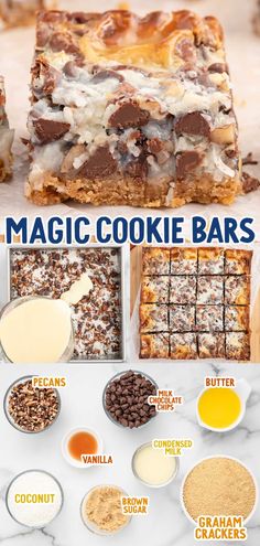 the magic cookie bars recipe is shown with ingredients to make it look like they have been made