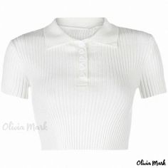 Olivia Mark - Knit Crop Top with Collar Button Closure, Short Sleeves, and Body-Hugging Fit Summer Pullover, Jumper Short, T Shirt Crop Top, White Tee Shirts, Street Trends, Summer Crop Tops, Moda Vintage, Top Summer, Short Sleeve Cropped Top