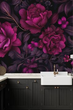 Image of a fuchsia pink wallpaper with a velveteen dark moody flowers pattern from HappyWall. Moody Flowers, Elegant Flowers, Dark Floral, Fuchsia Pink, Decoration Design, Pink Wallpaper, Flower Wallpaper, Floral Wallpaper, Flower Wall