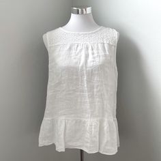 This Lightweight White Linen Top Is Cool And Cute. Eyelet Detail And Ruffle Hem Add Style And Fun. Versatile And Pairs Well With All Your Favorite Summer Bottoms. Feminine Sleeveless Linen Tops, Linen Sleeveless Top, White Linen Top, Summer Bottoms, Beige Blouse, White Sleeveless Top, Yellow Tank Top, Lace Peplum, Green Tank Top