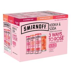 three bottles of smiroff vodka and soda on a white background with the box