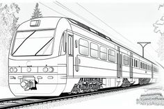 a black and white drawing of a train going down the tracks with trees in the background