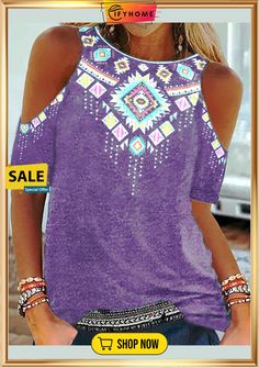 Plus Size Short Sleeve Geometric Hippie T-shirt Geometric Sleeve, Country Style Outfits, Hippie T Shirts, Hippie Shirt, Sport T-shirts, Plus Size Shorts, Boho Casual, Ladies Tops Fashion, Purple Black