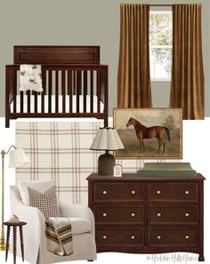 a baby's room with brown furniture and accessories, including a crib, rocking chair, lamp, painting on the wall