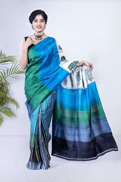 Buy this trendy borderless soft silk saree by RamdhanuEthnicIndia on Etsy Multicolor Pre-draped Saree With Printed Border In Tussar Silk, Blue Block Print Tussar Silk Saree, Silk Saree With Block Print In Blue, Multicolor Tussar Silk Saree With Border, Multicolor Silk Saree With Border, Blue Silk Saree With Block Print, Blue Art Silk Saree With Block Print, Green Block Print Art Silk Saree, Multicolor Block Print Saree In Traditional Drape