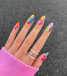 18 Fun Nail Ideas to Bring Back Childhood Memories - Fame & Frills Nail Designs Graphic, Gel X Nail Designs Colorful, Vibrant Nail Art, Three Color Nails, Eurovision Nails, Glastonbury Nails, Summer Festival Nails, Psychadelic Nails, Fun Nail Art Designs