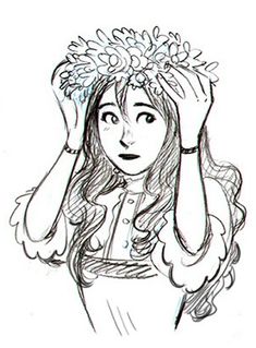 a drawing of a girl with flowers in her hair holding her hands up to her head