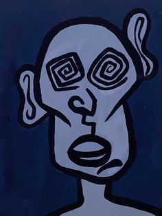 a painting of a man's face on a blue background