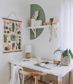 a white desk with books and plants on the shelf above it, next to a window