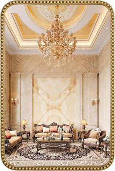 a fancy living room with chandelier and couches