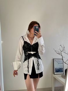 Styling lingerie corset top outfit black and white romantic look White Button Down Black Lace Bra, Corset Top Layering Outfit, Corset With Bra Cup, Classy Outfits Fall, Underbust Corset Outfit, Aesthetic Business Casual, Business Casual Women Outfits, Corset Lace Dress, Outfit Black And White