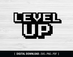 the logo for level up is shown in black on a white wood paneled background