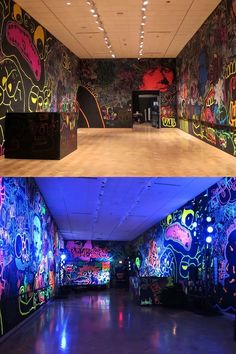 the inside of an art museum with graffiti on the walls and in the background there are lights