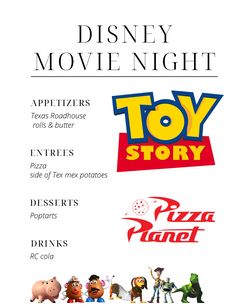 disney movie night flyer with toy story characters, pizza planet and pika - poopies