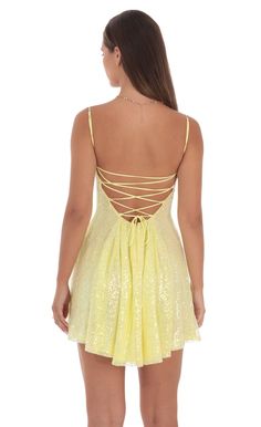 Sequin Fit and Flare Dress in Golden Yellow | LUCY IN THE SKY Light Yellow Hoco Dress, Hoco Dresses Yellow, Yellow Hoco Dress, Sparkly Hoco Dress, Yellow Homecoming Dresses, Baddie Dresses, Cute Formal Dresses, Hoco Dresses Tight, Homecoming Dresses Tight