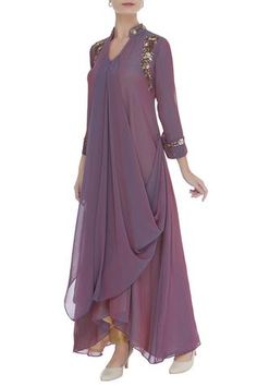 Shop for Zeel Doshi Wine Gathered Drape Tunic With Embroidery for Women Online at Aza Fashions Gown Dress Party Wear, Stylish Kurtis Design, Diwali Outfits, Funky Dresses, Fashion Top Outfits, Sequin Embroidery, Boutique Dress Designs, Party Wear Indian Dresses, Buy Wine