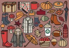 an assortment of autumn items on a brown background