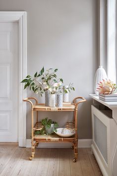 a bamboo shelf with plants and plates on it in front of a white painted wall