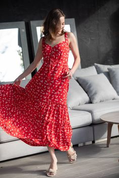 "Red Floral Ruffle Boho Summer Long Dress, Sweetheart Neckline \"Isabella\" Skater Dress with Pockets, Mid-Day Women Romantic Dress This is the \"Isabella\" dress, it is the perfect dress to wear on a sunny day for a walk in the park, for an early evening in the city and for a vacation... With sweetheart flattering neckline, made of quality rayon which feels great and soft. It is fitted at the bust and flared loose fit below it. It is a Bold, timeless design, that can be worn day to night. This Red Maxi Dress With Sweetheart Neckline For Summer, Red Sweetheart Neckline Maxi Dress For Spring, Red Sweetheart Neckline Maxi Dress For Summer, Red Dress With Sweetheart Neckline For Garden Party, Red Spring Dress With Heart-shaped Neckline, Red Floral Print Dress With Sweetheart Neckline, Red Sundress With Sweetheart Neckline, Red Floral Dress With Sweetheart Neckline, Red Flirty Dress For Garden Party