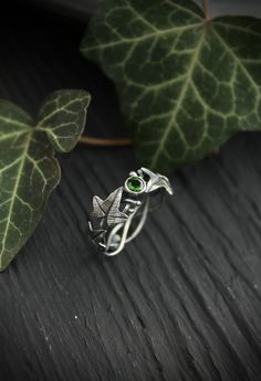 ITEM DESCRIPTION: The size of ring 7 (US and Canada) O (UK and AU) I can make it any size you want - just mark your size in the order Weight - 2 g. This botanical ring with ivy leaves looks so delicate and dainty. I made it of sterling silver and dark green chrome diopside. This Elven ring will be a great addition to your jewelry collection or a special piece for Engagement. This handmade ring will come to you in a gift box - ready for gifting. The parcel will be sent 1-2 days after payment. Del Unique Green Stackable Promise Rings, Silver Rings With May Birthstone For Proposal, Silver Proposal Ring With May Birthstone, Unique Green Promise Ring, Ursula Jewelry, Elven Ring, Moon Phase Jewelry, Botanical Ring, Sister Rings