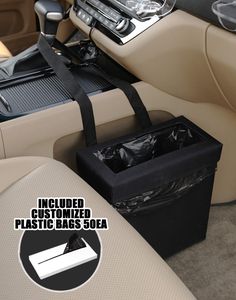 the inside of a car with an empty bag in it