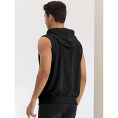 You can wear a sleeveless hoodie over a t-shirt for a casual and laid-back look. A sleeveless hoodie makes good workout clothing, allowing for unrestricted arm movement during exercise. Pair a hoodie vest with shorts, jeans, and casual trousers to create a different look. The hoodie vest is suitable for sports, camping, travel, and daily wear. Athleisure Tops With Drawstring Hood For Leisure, Cotton Gym Top With Drawstring Hood, Sleeveless Top With Drawstring Hood For Spring, Relaxed Fit Hooded Gym Top, Streetwear Summer Hoodie Tops, Summer Streetwear Hoodie Top, Black Sleeveless Relaxed Fit Activewear, Casual Hooded Tank Top For Sports, Hooded Athleisure Tops For Leisure