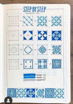 an open notebook with blue and white tiles on it, including the words step by step