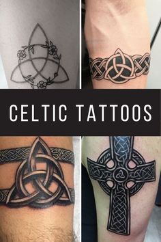 four different celtic tattoos on both legs and arms, with the words celtic tattoos above them