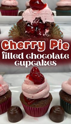 cherry pie filled chocolate cupcakes with pink frosting and cherries on top