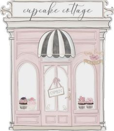 a pink store front with cupcakes on the door and sign that says cupcake cottage