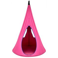 a pink hanging chair with a black handle on the end and a white back ground