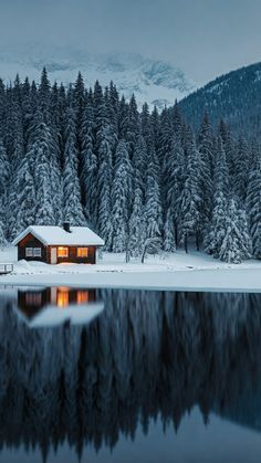 a cabin sits on the shore of a lake surrounded by snow - covered trees and evergreens