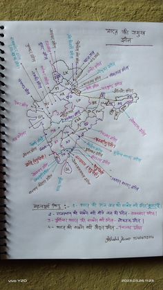 a spiral notebook with words written in different languages on it, and an image of the map