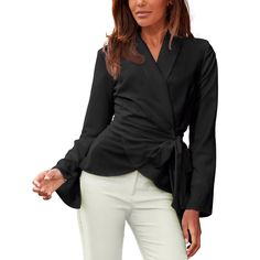 Elevate your style with the LASCANA Women's Lapel Wrap Blouse, an elegant long sleeve top designed to transition seamlessly from work to casual outings. Featuring a chic lapel and flattering wrap design, this V-neck blouse enhances your silhouette while offering a comfortable fit. Crafted from soft, quality fabric, it drapes beautifully, making it ideal for pairing with skirts, trousers, or jeans. Perfect for any occasion, this versatile blouse adds a touch of sophistication to both professional Elegant Tailored V-neck Top, Elegant V-neck Blouse For Fall, Elegant V-neck Blouse For Office, Tailored Button-up Blouse For Business Casual, Tailored Collared Blouse For Work, Chic Long Sleeve Formal Blouse, Formal Lapel Collar Top For Fall, Elegant Blouse With Lapel Collar For Business Casual, Elegant Long Sleeve Office Blazer