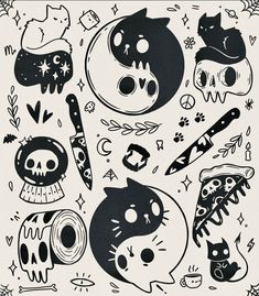 black and white drawing of different kinds of cats, dogs, and other animals on paper