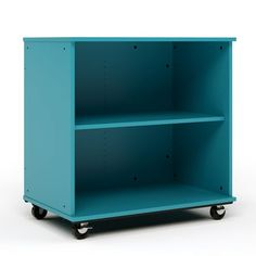 a blue shelf sitting on top of a white floor next to a black cart with wheels