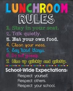 a chalkboard with the rules for lunch room rules written in rainbow colors on it