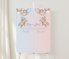 a baby shower sign with a teddy bear holding balloons