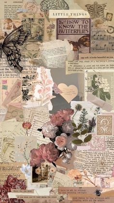 a collage of paper with flowers and butterflies on it's sides, all over the page