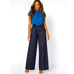 Tie-Waist Belted Wide-Leg Pant - 7th Avenue With A Wide Leg And Tie Waist, This Pant Brings Together Vintage Vibes With A Contemporary Edge. Pair With Stilettos For A Feminine Look. High Waist. Tie Belt. Belt Loops. Zip And Button Closure. Front Slash Pocket. Back Welt Pockets. Wide Leg. Full Length. 64% Cotton, 34% Polyester, 2% Spandex. Machine Wash. Imported. Blue Summer Dress Pants For Work, Blue Non-stretch Wide Leg Pants For Work, Fitted High Waist Tops For Workwear, Spring Workwear Tops With High Waist, Petite Dress Pants, White Crop Pants, Brown Dress Pants, Burgundy Pants, Striped Pant