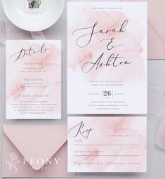 wedding stationery suite with pink watercolor paint