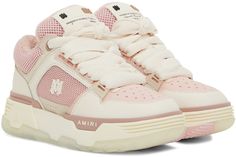 Low-top paneled mesh and buffed leather sneakers in pink. Nubuck trim throughout. · Perforated detailing at round toe · Lace-up closure · Leather logo patch at padded tongue · Padded collar · Logo appliqué at outer side · Logo embossed at heel counter · Terrycloth lining · Logo-embossed textured rubber midsole · Treaded rubber sole Supplier color: Pink Pink Sneakers With Logo-print Tongue For Streetwear, Sporty Pink High-top Sneakers With Logo Patch, Pink Sneakers With Embroidered Logo For Streetwear, Low Sneakers, Leather Logo, Terry Cloth, Luxury Streetwear, Leather Sneakers, Low Top