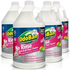 three gallon bottles of odorbar no rinse floor cleaner on a white background with clippings