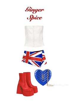 a woman's outfit is shown with red boots and a white top, which has the words ginger spice written on it