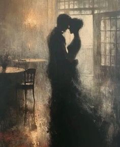 a painting of a man and woman kissing in front of a window with the light coming through