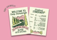 two pamphlets with the words welcome to camp burbridgette and flyse gets hitched