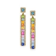 Ross-Simons - 1.60ct t. w. Multi-Gemstone Linear Drop Earrings, .35ct t. w. Diamonds. Experience true rainbow radiance! This colorful pair of linear drop earrings celebrates a spectrum of fabulous gemstone colors, featuring 1.60 ct. tot. gem wt. square and square princess-cut blue, pink, yellow, green and orange sapphires and green garnets. Finely crafted in polished 14kt yellow gold with .35 ct. t. w. round brilliant-cut diamond borders. Hanging length is 1 1/8". Post/clutch, diamond and multi- Garnet Birthstone, Gem Earrings, Green Garnet, Blue Tanzanite, Orange Sapphire, Square Diamond, Colored Gems, Creative Arts, Round Brilliant Cut Diamond