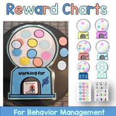 reward cards for behavior management with an image of a gumball machine and other items