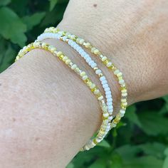 Sunshine Beaded Bracelet Set | Stretch Bracelets | Tiny Bead Bracelets | Stackable | Layer | Small Bead Bracelet Tiny Bead Bracelet, Stack Bracelets, Bracelet Inspo, Yellow Bracelet, Seed Bead Bracelet, Clay Bead, Craft Corner