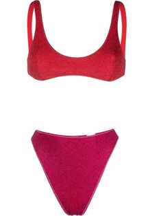 Lumiere Sporty Bra 90S Bottom bikini by Oseree made of red and fuchsia lurex fabric. Composition: Composition:, 64% Polyamide, 36% Metal; Lining:, 85% Polyamide, 15% Elastane. | Oseree Women's Red And Fuchsia Lumiere Sporty Bra 90s Bottom Bikini in Orange/Fuchsia | FW22/23 Lurex Fabric, U Neck, Luxury Boutique, Try On, Lady In Red, Sports Bra, Glitter